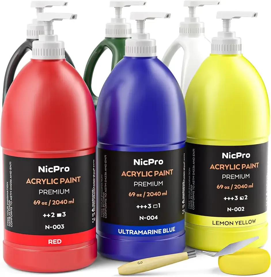Nicpro 6 Colors Large Bulk Acrylic Paint Set (69 oz, 2040ml) Rich Art Painting Supplies Non Toxic for Multi Surface, Canvas, Wood, Leather, Fabric Stone Craft, for Kid & Adult with Pump, Color wheel