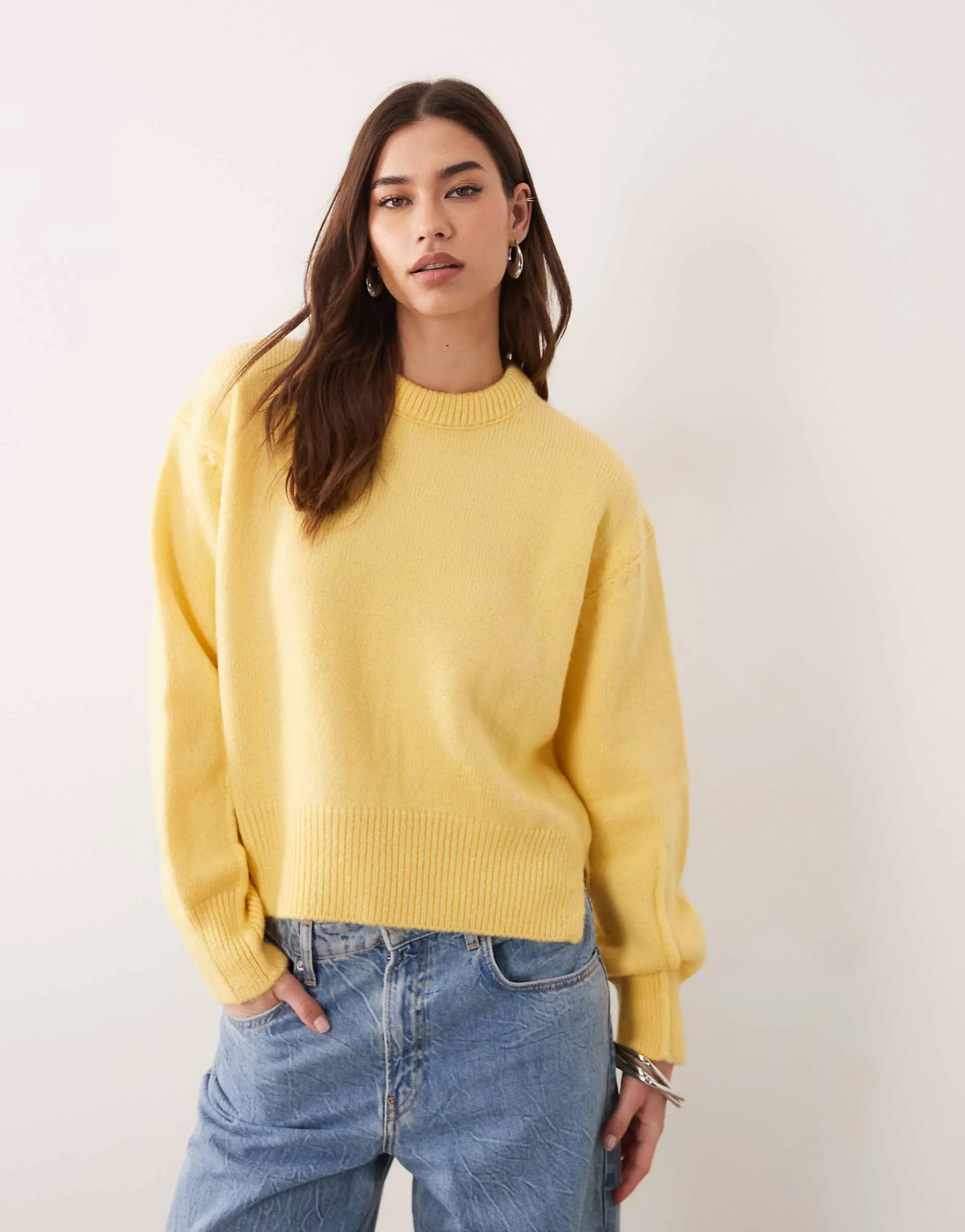 ASOS DESIGN boxy crew neck jumper with side split detail in yellow
