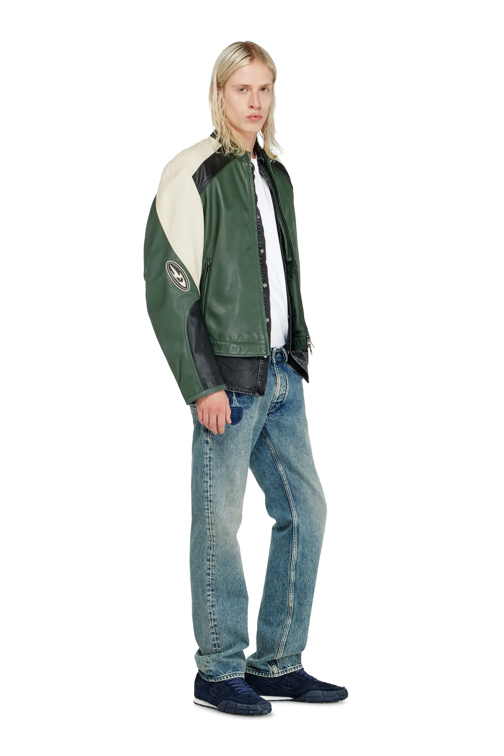 Biker jacket in colour-block perforated leather