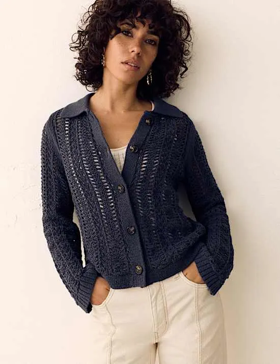 Strickjacke mit hohem Baumwollanteil, Kragen und Strukturmuster