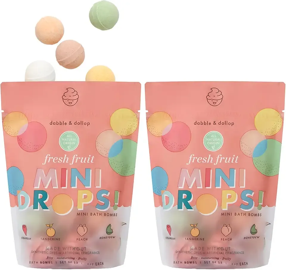 Dabble & Dollop Mini Bath Bombs, 100% Natural Droplets for Kids, Fresh Fruit Scents - Resealable Pouches, Fizzy, Moisturizing & Fun, Vegan, Gluten-Free, Cruelty-Free (Set of 24)