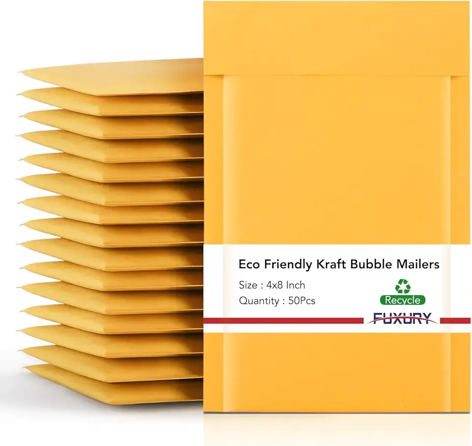 Fuxury Kraft Bubble Mailer 4x8” 50Pack Padded Envelopes Usable Size 4x7" Strong Adhesion Thick Bubble Envelopes Waterproof Cushioned Bubble Mailers Packaging for Small Business #000 Yellow