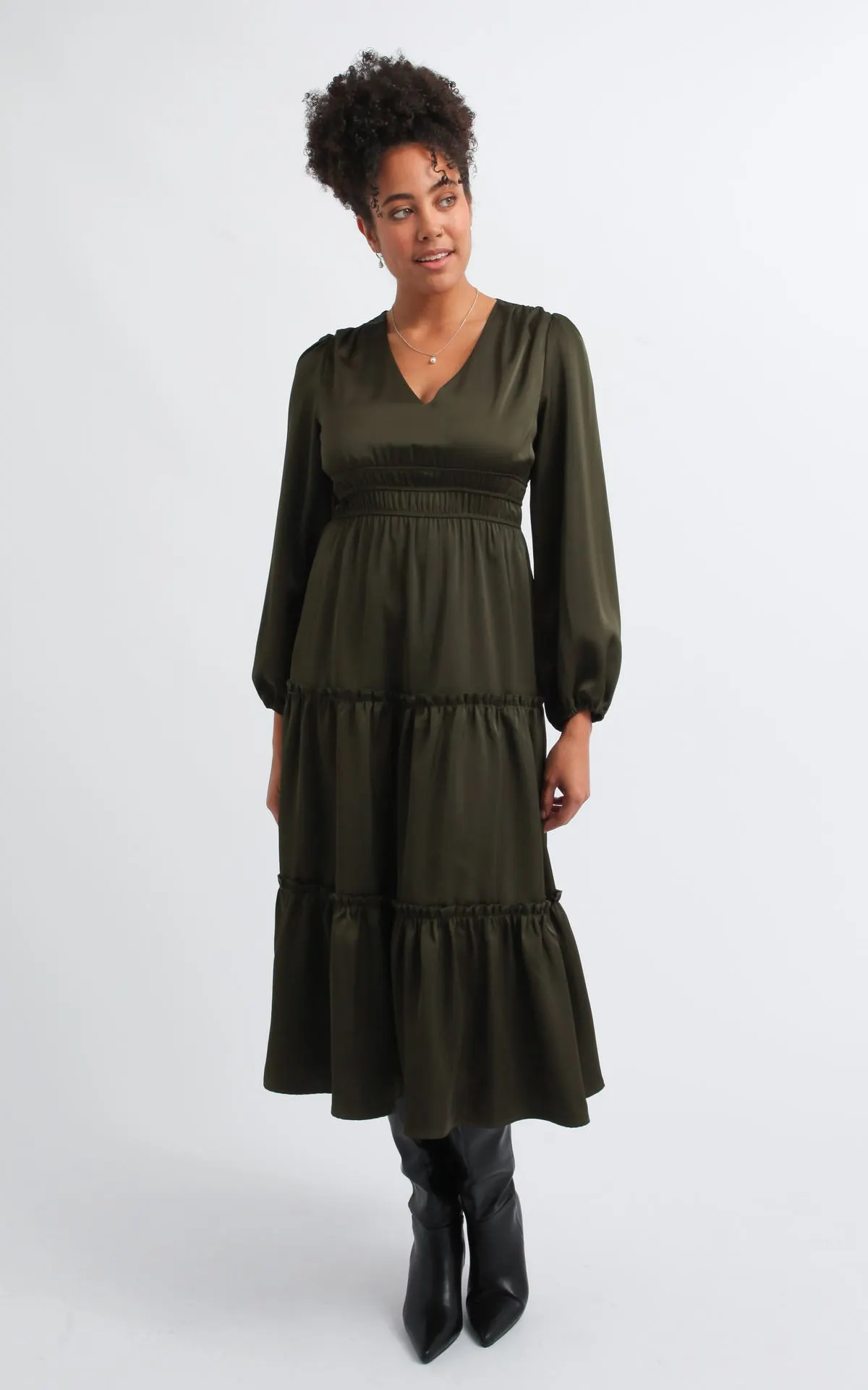 Satin Tier Detail LS Dress