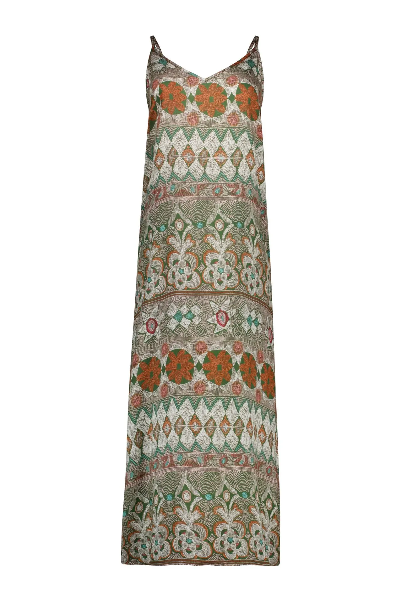 Groen/oranje midi jurk met grafische print