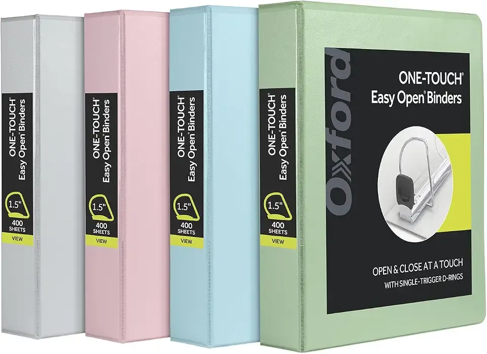 Oxford 3 Ring Binders, Binders for School, 1.5 Inch ONE-Touch Easy Open D Rings, 3-Sided View Binder Covers, Xtralife Hinge, Non-Stick, PVC-Free, Natural Pastels, 375-Sheet Capacity, 4 Pack (79918)