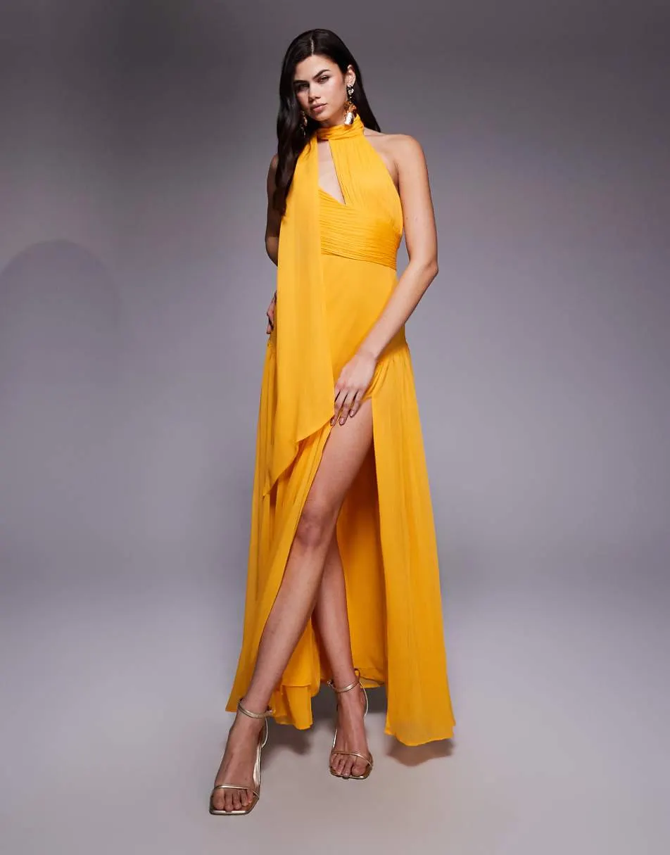 ASOS DESIGN halter neck gathered full skirt maxi dress with scarf in orange