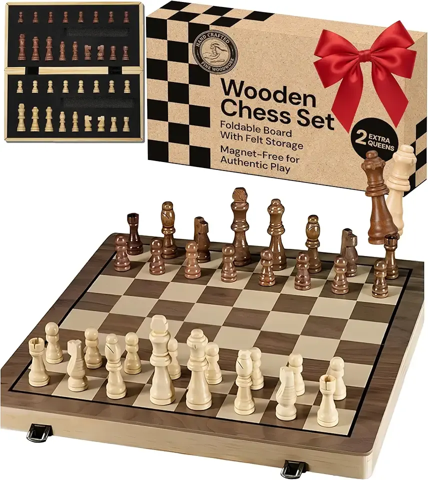 PlayVibe Wooden Chess Set 15'' Board Games for All Players with 2 Extra Queens - Handmade Classic Wooden Chess Board Set, Portable & Folding Playtime Boards, for Adults & Kids