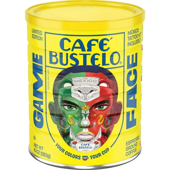 Cafe Bustelo Espresso Style Dark Roast Ground Coffee, Limited Edition Game Face Design, Tattoo Kit Included, 10 oz Can $7.48 74.8 ¢/oz