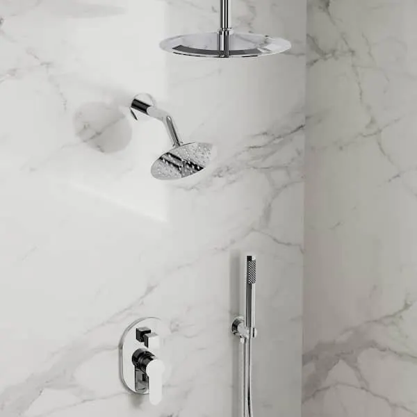 GRANDJOY 3-​in-​1 Dual Round Shower Heads Double Handle 3-​Spray Tub and Shower Faucet 2.​5 GPM in.​ Polished Chrome Valve Included