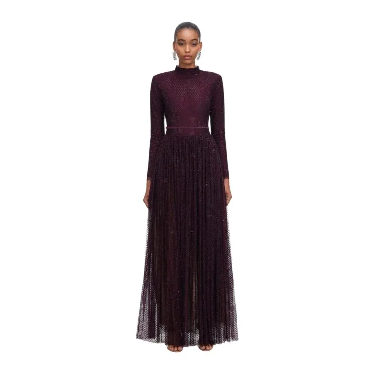 Rhinestone Long Sleeve Maxi Dress - Burgunder