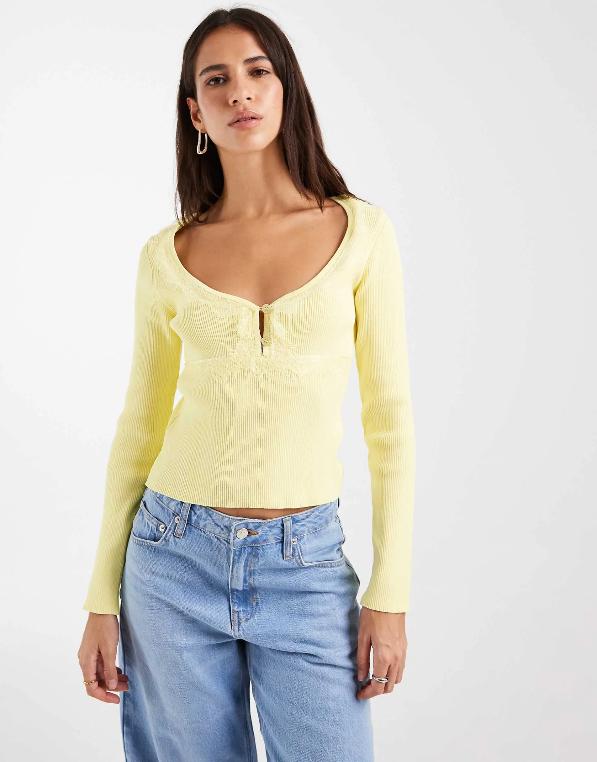 ASOS DESIGN knitted lace trim long sleeve top in yellow