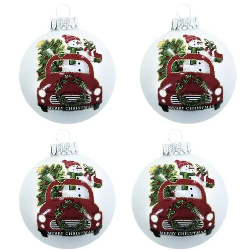Enchanted Forest® 2.75" Silver with Snowman in Truck Glass Ornaments - 4 Pack
