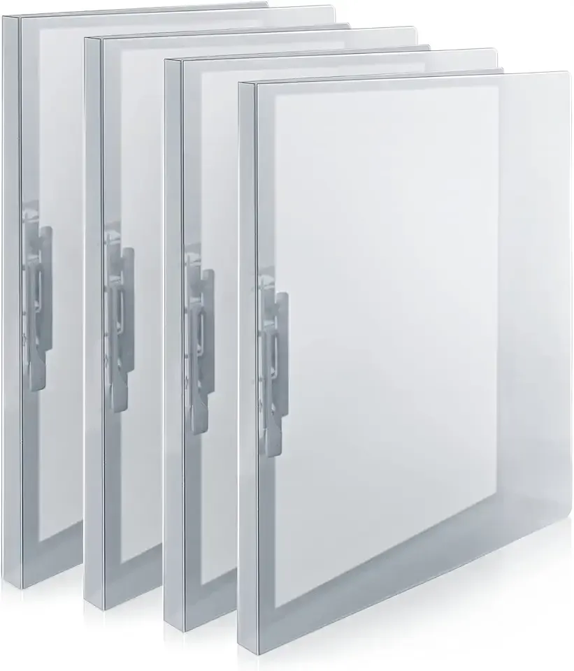 CRANBURY Punchless Clamp Binder (4-Pack, Gray), Ringless Binder Holds 100 Letter Size Pages, Documents, 8.5x11 Folder with Metal Clip for Home or Office, Transparent Acid-Free Poly