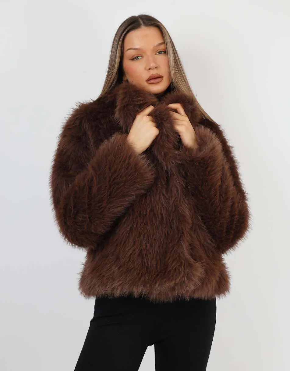 Simmi London Arabella oversized collar faux fur coat in brown