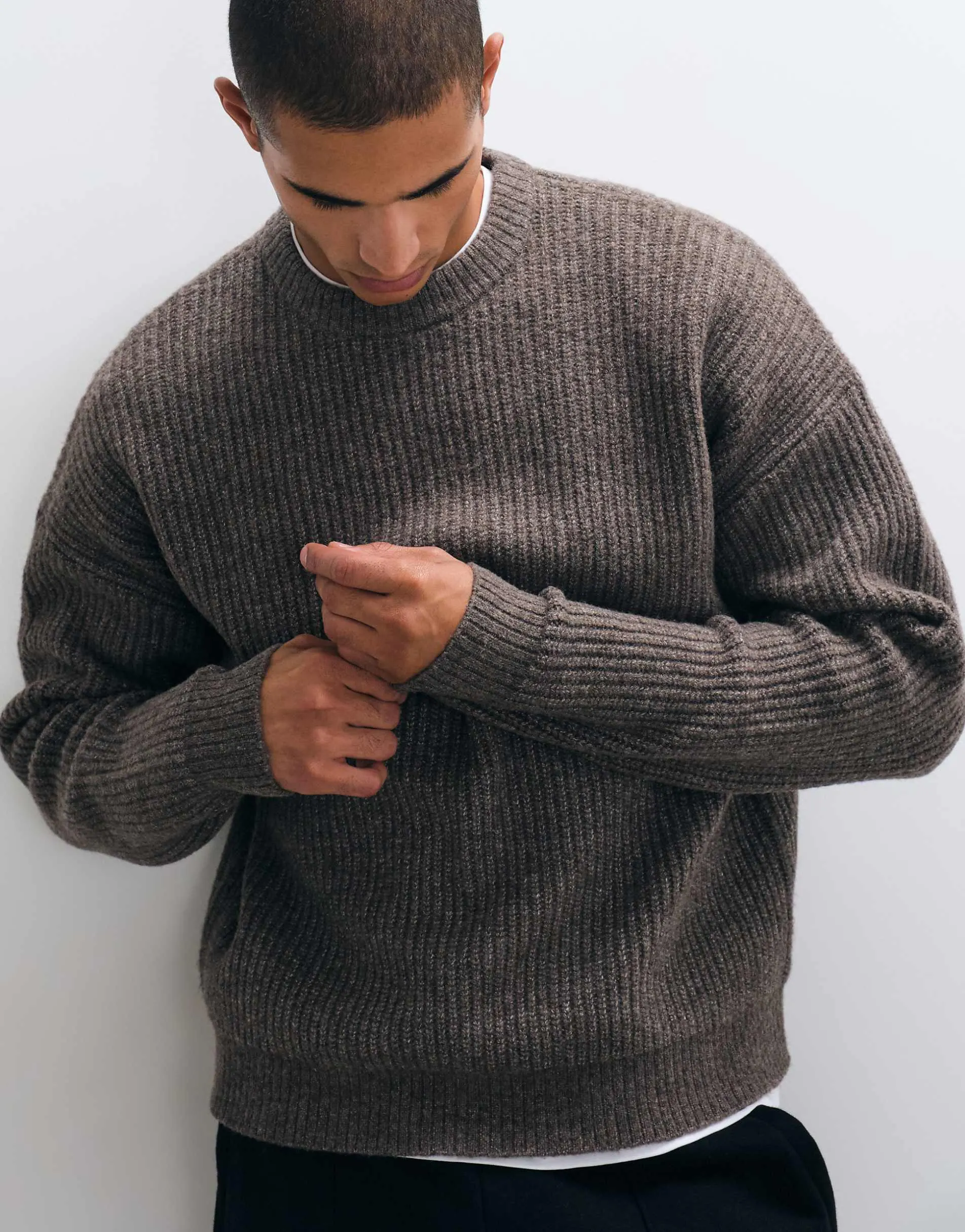 ASOS DESIGN super oversized knitted wool blend rib jumper in brown marl