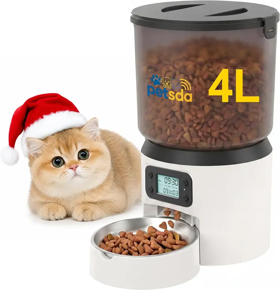 Automatic Cat Feeders, 4L Timed Cat Dry Food Dispenser Auto Pet Feeder Portion Control up to 9 Meals/Day for Cats and Small Dogs Dual Power Supply, with Stainless Bowl Fresh Food, Easy Clean