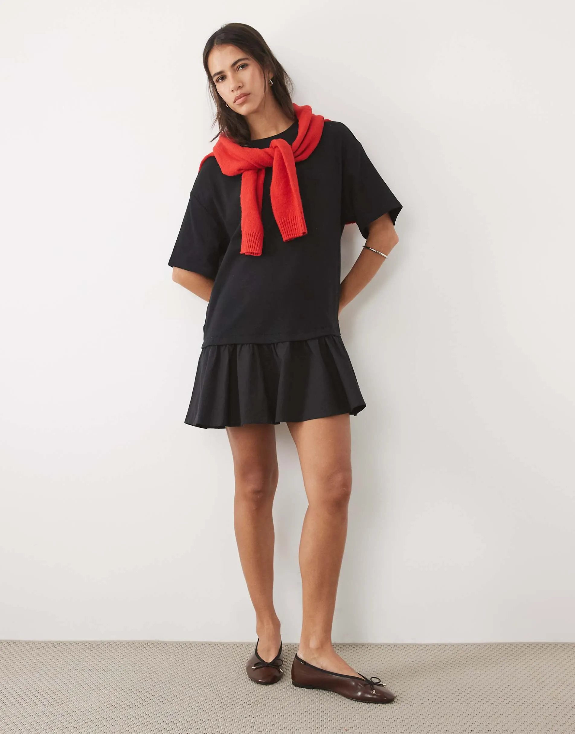 Cotton On drop waist ruffle hem mini dress in black