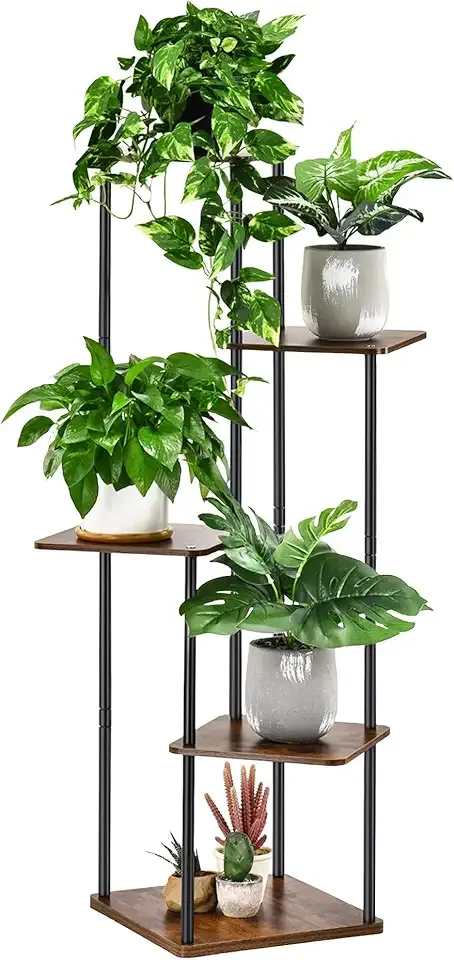 5 Tier Plant Stand Indoor Outdoor, Wood Metal Corner Shelf, Multiple Flower Pot Rack Holder Shelves, Planter Shelf Display Storage Organizer for Patio Living Room Balcony (Black)