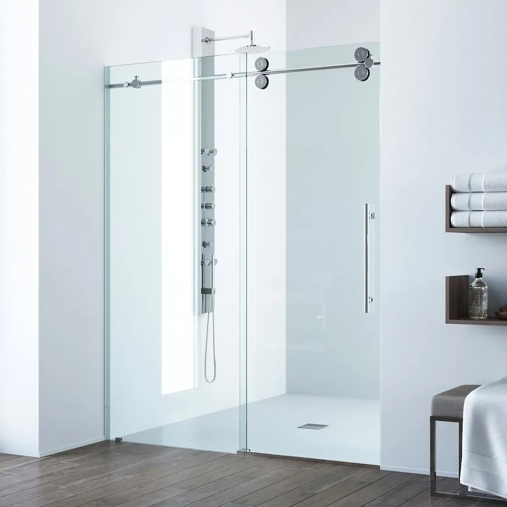 VIGO Elan 56 to 60 in. W x 74 in. H Frameless Sliding Shower Door in Chrome with 10mm Clear Tempered Glass and Handle