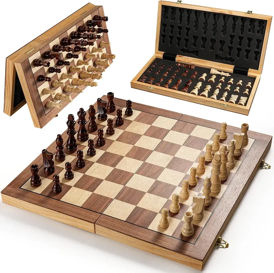 Magnetic Chess Set for Adults & Kids, 15.4 inch Wooden Folding Chess Boards, Handcrafted Portable Travel Chess Game with Pieces Storage Slots, 2 Extra Queens