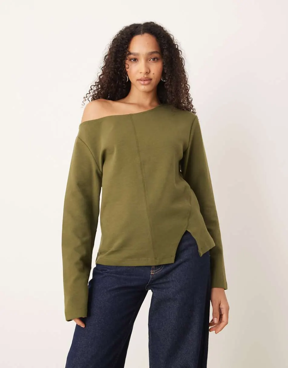 ASOS DESIGN interlock front seam off the shoulder long sleeve t-shirt in khaki
