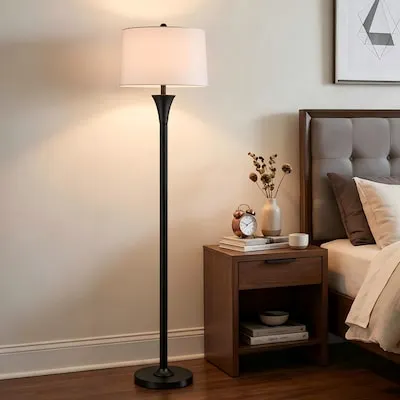 65-in Matte Black Arc Floor Lamp with Fabric Shade