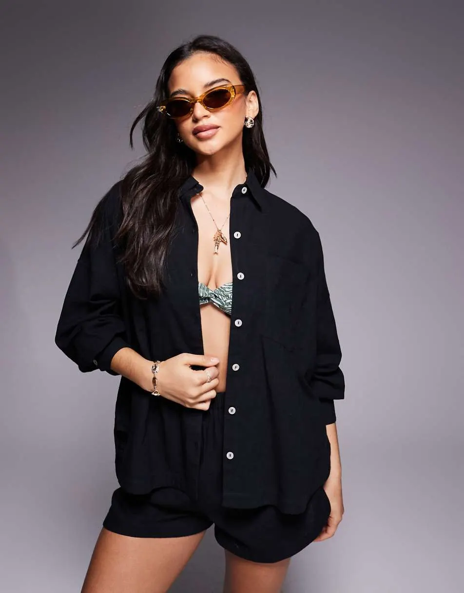 ASOS DESIGN Biarritz beach textured cotton shirt co ord in black