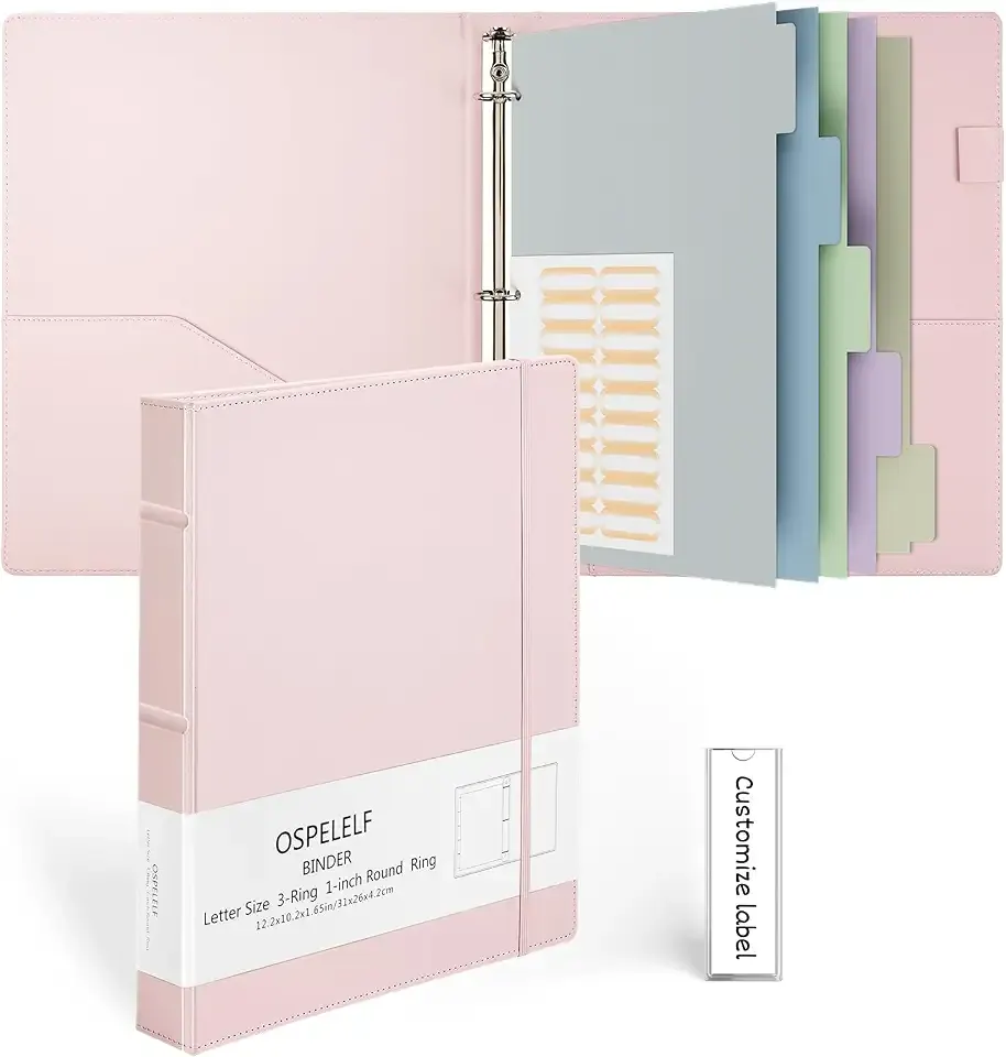 Ospelelf Vintage Hardcover 3 Ring 1 inch Leather Binder, Professional Binders Organizer Suitable for Letter Size Documents, Binder Dividers with Tabs, Faux Pink Leather