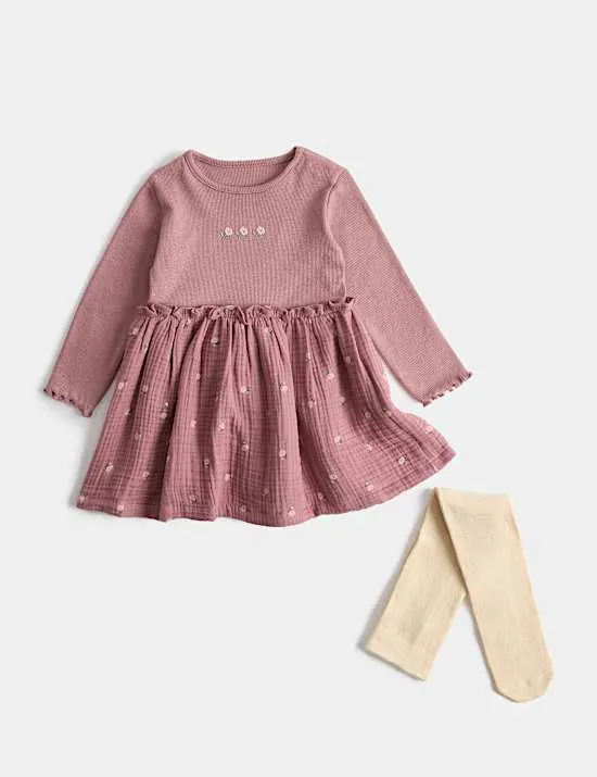 Kleid und Strumpfhose mit hohem Baumwollanteil (0–5 Jahre)