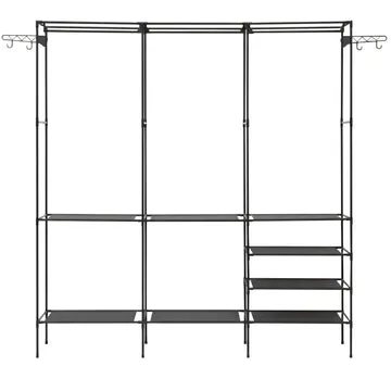 Stand Appendiabiti Multifunzione in Metallo Nero con 8 Ripiani e 4 Ganci – h170x160x36 cm