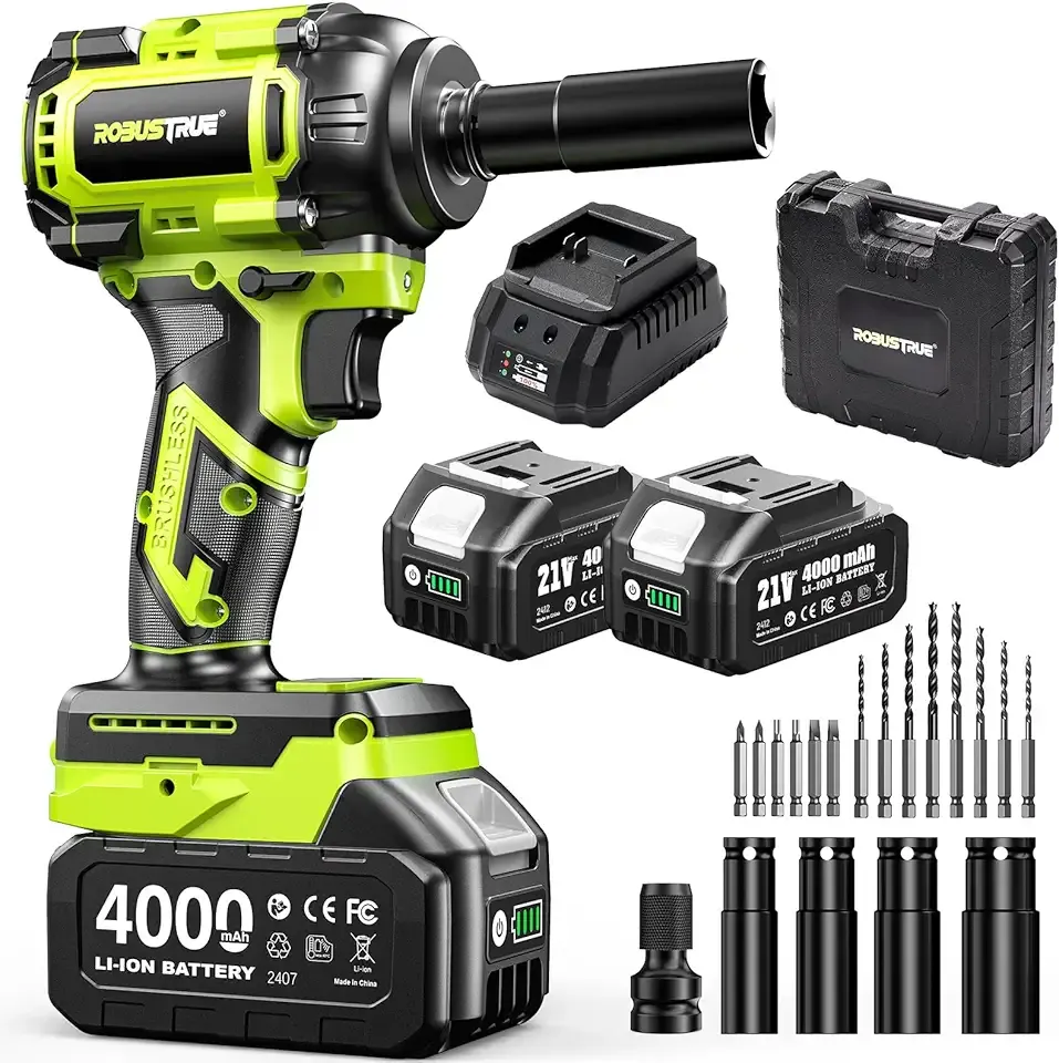 Cordless Impact Wrench, 590Ft-lbs (800N.m) Brushless 1/2 inch, 2800RPM High Torque Impact Gun, 2x 4.0Ah Battery, Charger, 4 Sockets, Electric Impact Wrench for Car Home