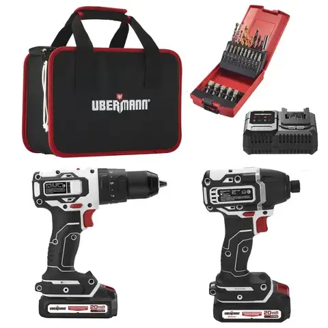 Kit Taladro Percutor 20V+Atornillador de Impacto 20V+2 Baterías 2AH+Cargador+25 Acc