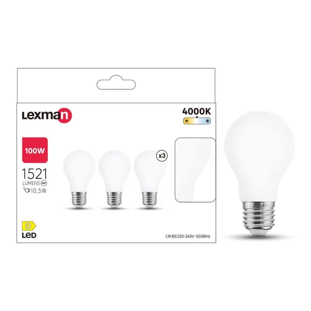 Set da 3 lampadine LED, E27 goccia, smerigliato, luce naturale, 10.5W = 1521 LM (equiv 100 W), 330°, LEXMAN