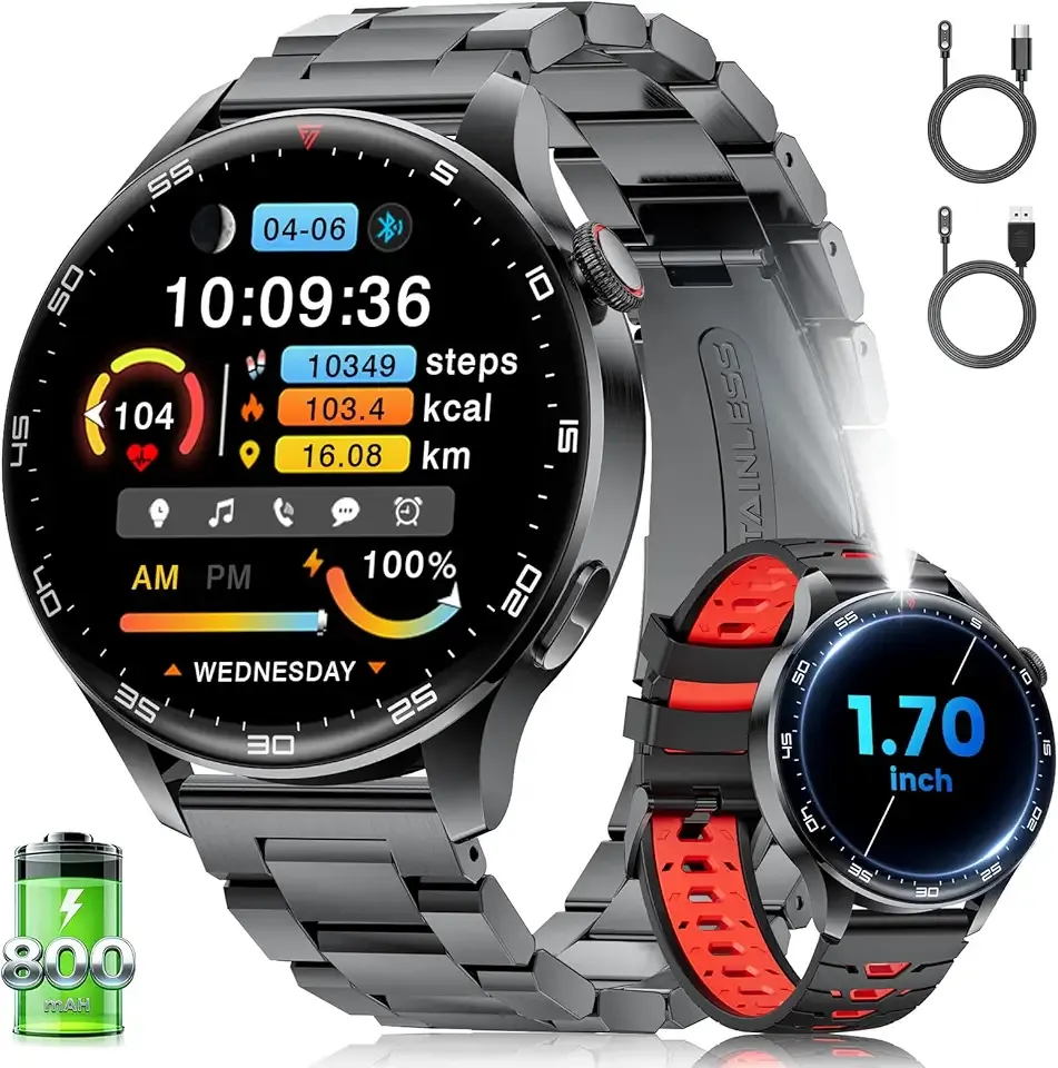 1.7" Large HD Screen Smart Watch for Men with Bluetooth Call, 100+ Sport Modes, 800mAh, IP68 Waterproof Fitness Tracker Heart Rate/Sleep Monitor, Compatible with iOS Android, Black-Red