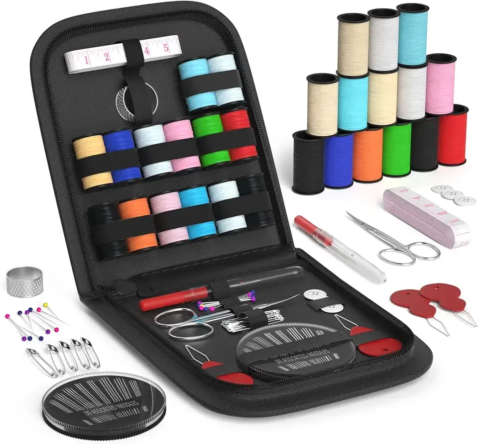 Coquimbo Sewing Kit Mini, Dorm Room Essentials, Portable Needle and Thread Kit with Scissors, Tape Measure, Thimble & Sewing Needles for Adults, College Students, Travel, Emergency Repair (Black, S)