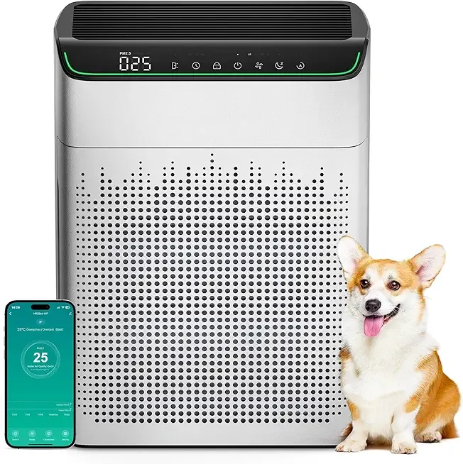 Air Purifier for Home Large Room up to 1690 ft², HEPA Filter with PM 2.5 Monitor, WiFi and Alexa Compatible, Dual Air Intake for Smoke, Odor, Pets, White