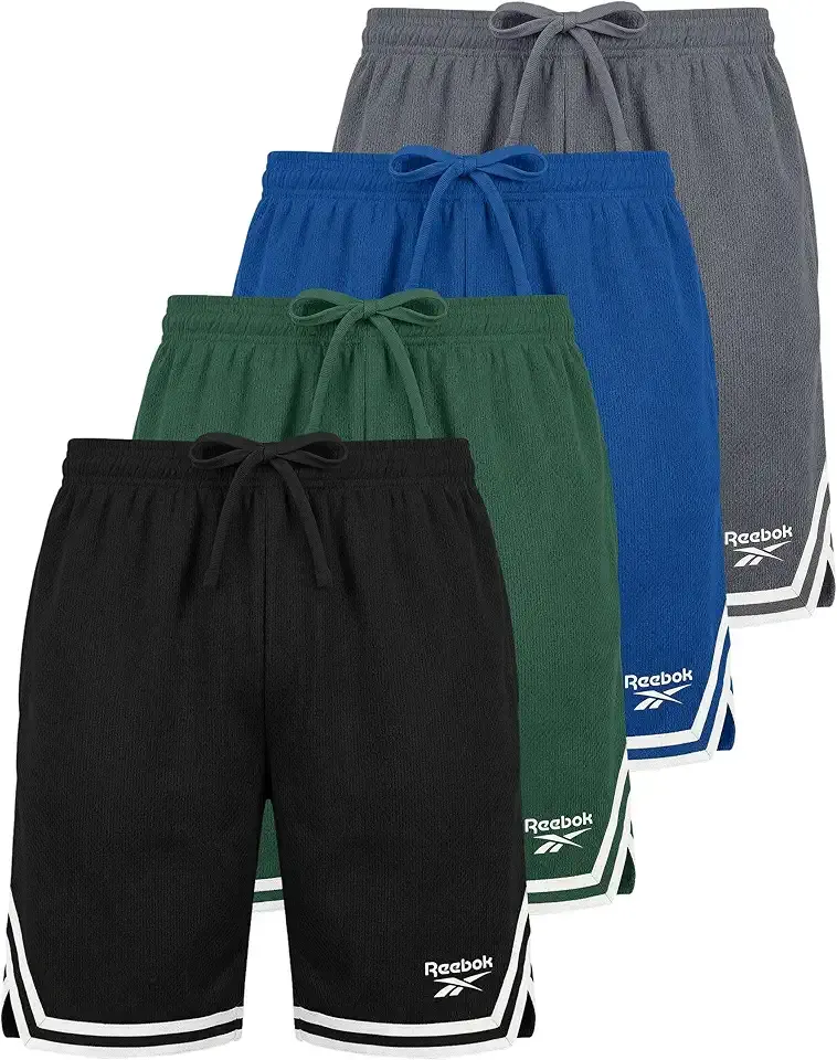 Reebok 4 Pack: Boys' Mesh Shorts Athletic Basketball Soccer Baseball Running Sports Gym Quick Dry School Sizes 6-18