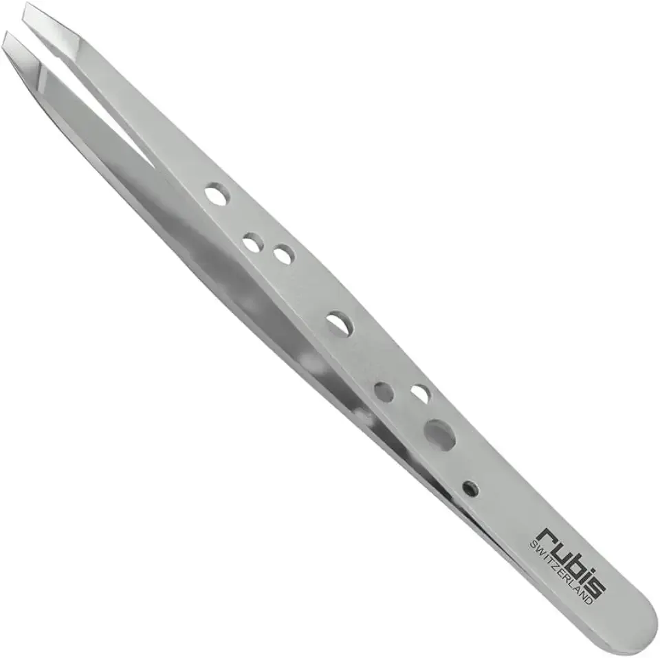 Rubis Hole Pattern Classic Stainless Steel Slanted Tweezers For Precise Eyebrows and Hair Removal, The Elegance Collection, 1K111,Silver,Rubis Switzerland Swiss Made World Renowned Precision