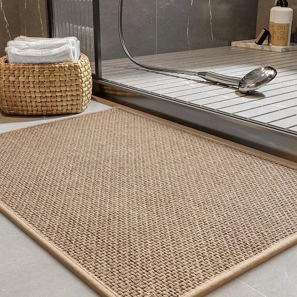 PADOOR Non-Slip Bath Mat With Rubber-Backing, Braided Absorbent Machine Washable Thin Rug for Bathroom Floor, Quick Dry, Fits Under Door, 17''x24'' Beige
