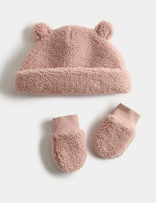 Bären-Mütze und -Fäustlinge aus Borg im Set für Babys (0–36 M.)