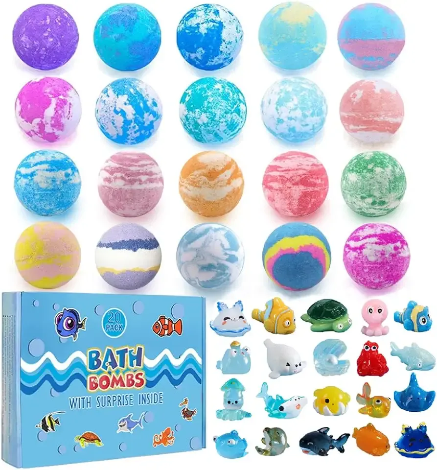 Bath Bomb Gift Set with Surprise Inside, 20 Pack Organic Bath Bombs for Kids, Kids Safe Handmade Fizzy Balls for Kid, Ideal Birthday Gift for Kids, Boys, Girls