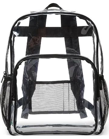 Amazon Basics Transparent Clear School Backpack, Water-Resistant PVC Plastic, Reinforced Shoulder Straps, 17 x 7 x 13 in