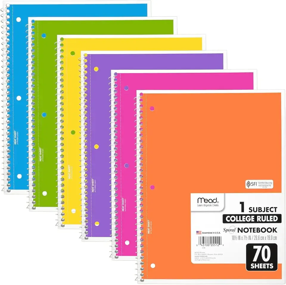 Mead Spiral Notebook, 6 Pack, 1 Subject, College Ruled Paper, 7-1/2" x 10-1/2", 70 Sheets per Notebook, Assorted Bright Colors (830050-ECM)