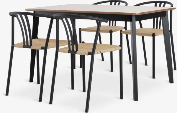 JEGIND L130 tafel naturel eiken/zwart + 4 JYDERUP zwart