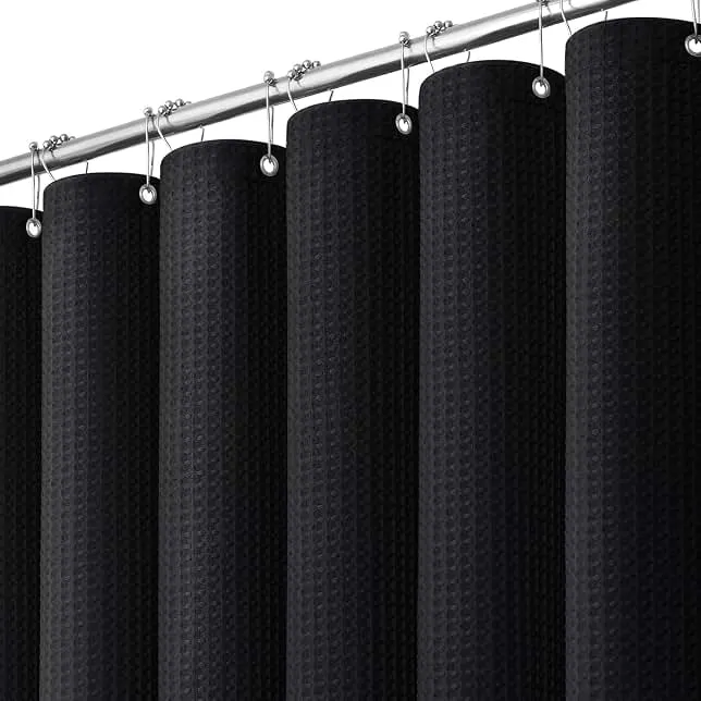 Dynamene Waffle Shower Curtain 256 GSM Heavy Duty Fabric 72"x72" Black | Thick Textured Cloth, Weighted Hem, Water Repellent Washable, Hotel Luxury Polyester Shower Curtain Set for Bathroom 12 Hooks
