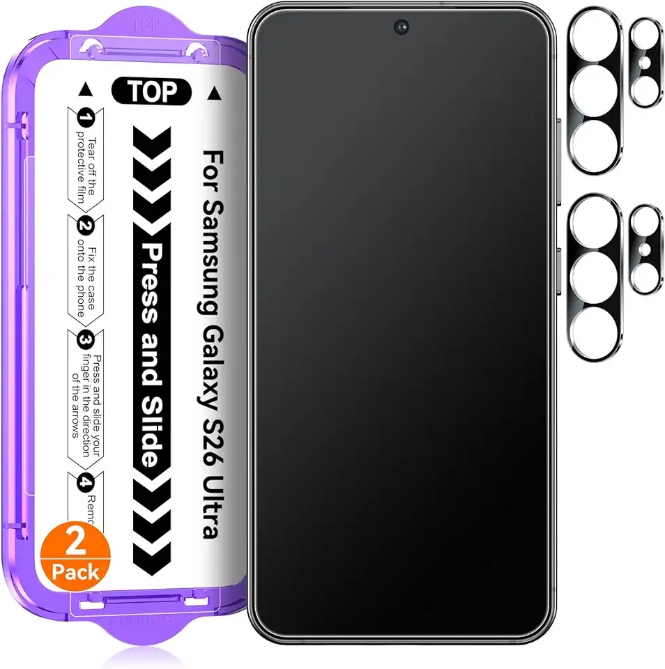 2 Pack for Samsung Galaxy S26 Ultra Matte Glass Screen Protector + 2 Pack Camera Lens Protector with Easy Installation Kit, Anti-Glare Tempered Glass (Not Privacy)
