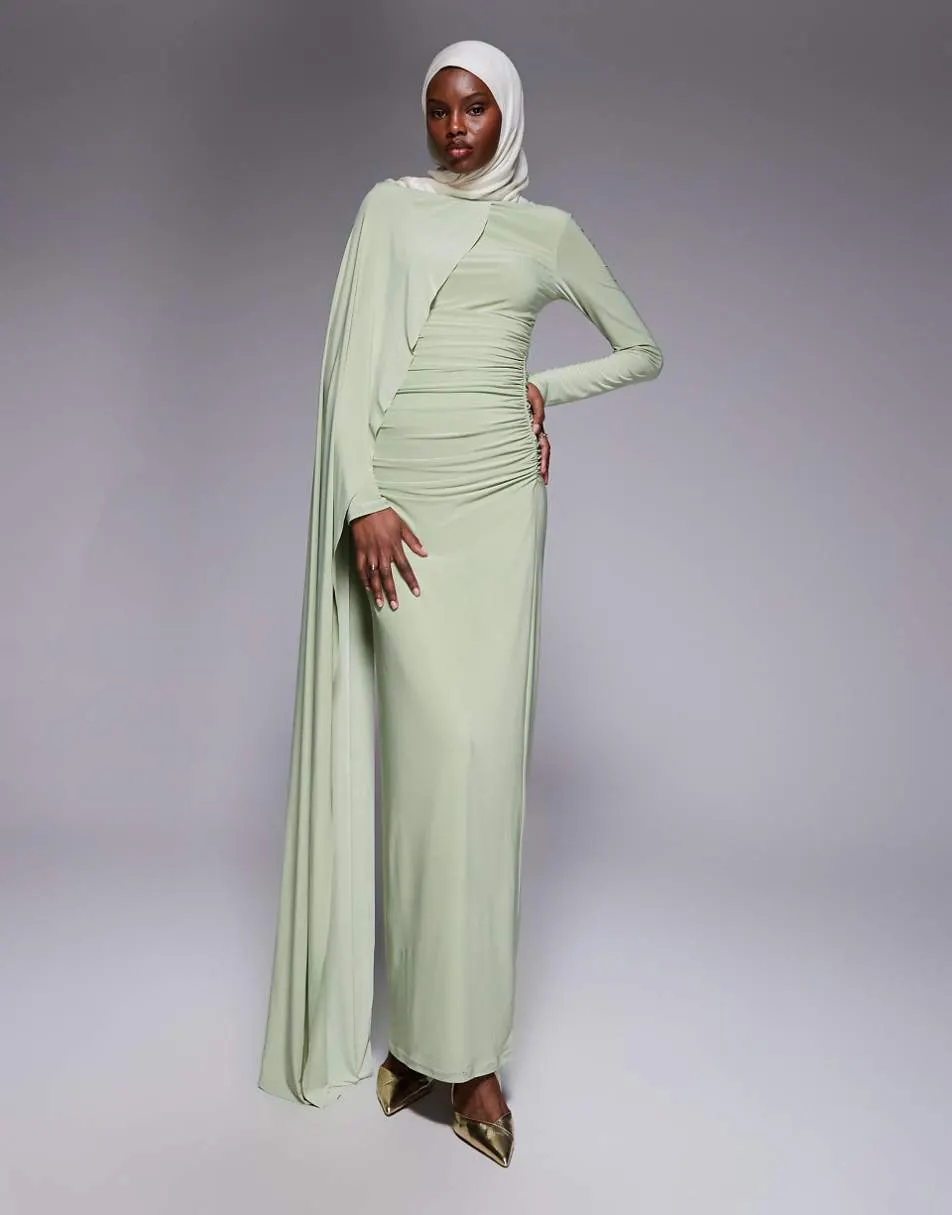 ASOS DESIGN long sleeve with drape detail and ruching maxi dress in sage