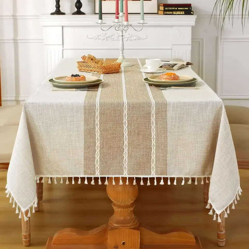Laolitou Rustic Tablecloth Cotton Linen Waterproof Farmhouse Tablecloth Burlap Table Cloths for Kitchen Dining Cloth Table Cloth for Rectangle Tables Coffee Lines Rectangle,55''x70'',4-6 Seats