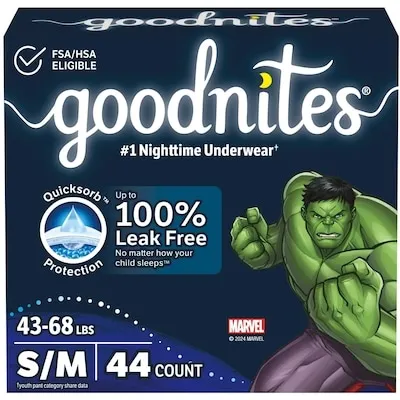 Boys Nighttime Bedwetting Underwear, S/M (43-68 lbs), 44 Ct