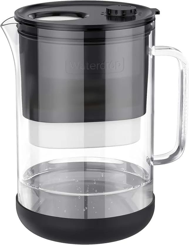 Waterdrop Large Glass Water Filter Pitcher, Eco-Friendly, with 1 NSF 53&42&372 Certified Filter, 10-Cup, Reduces PFOA/PFOS, Chlorine, Cadmium, Copper, Mercury, BPA Free, Easy to Clean, Black
